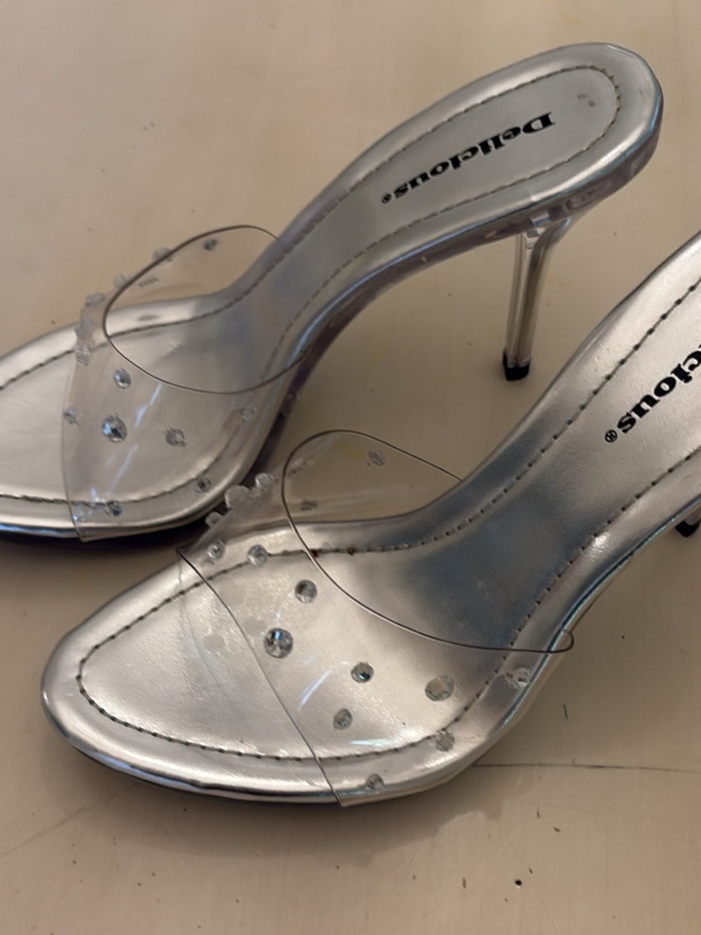 Delicious Silver Clear Rhinestone Mule Heels